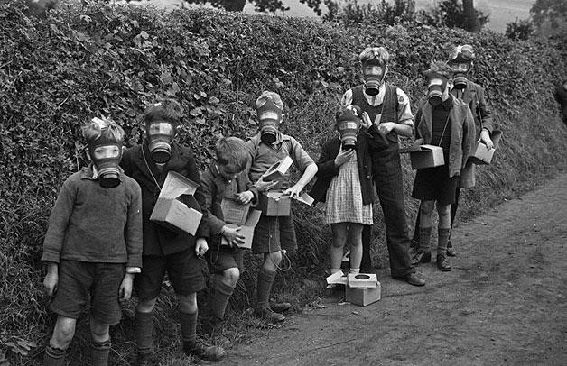 Children wearing gas masks during World War II